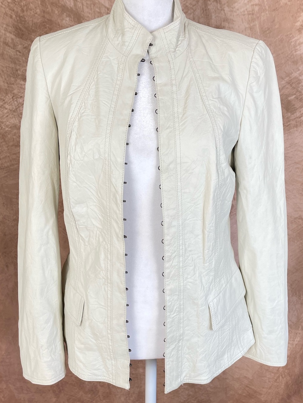 Burberry Cream Leather Jacket with Stand Collar size 42 US 8
